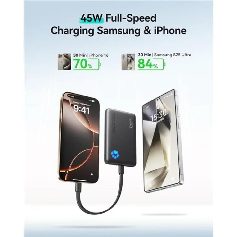 Portable Charger Ultra Slim 45W Fast Charging with Attached USB C Cable
